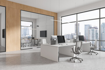 A spacious office with modern furniture, wooden walls, and a city view, showcasing a contemporary workplace interior. 3D Rendering