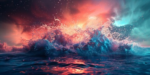 Vivid Twilight Seascape With Turquoise and Crimson Waves Under a Dynamic Sky