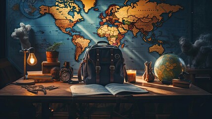 Backpacker standing at a world map in a travel agency, planning a route that spans multiple continents for a global adventure. super detailed