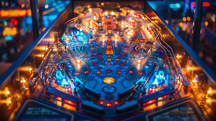 A baseball-themed pinball machine, with flashing lights and spinning wheels