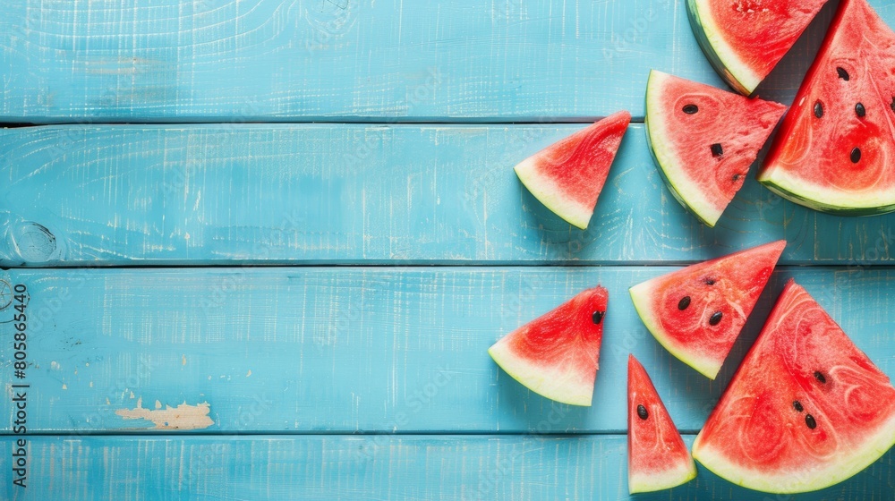 Sticker Slices of watermelon on blue wooden desk 