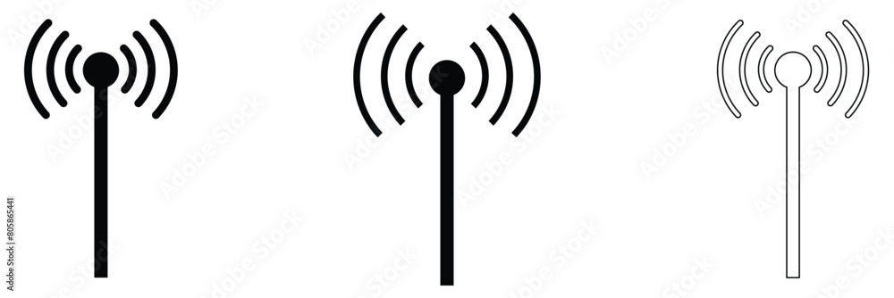 Poster radio tower. radio waves tower. radio for broadcast transmission with line art vector icon for apps 