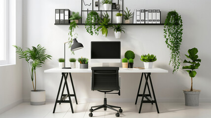 modern home office setup minimalistic design with green plants white desk and a black ergonomic chair 