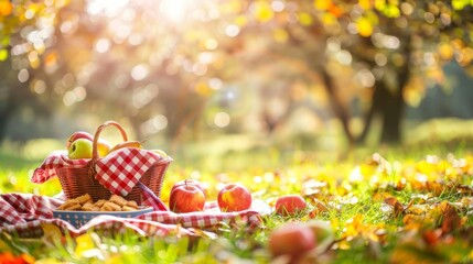 picnic scene in a sunlit apple orchard checkered blanket and a basket of fresh fruits and pastries 