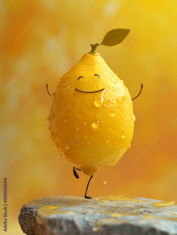 Poster a lemon is standing on a rock with a smile. generative ai.