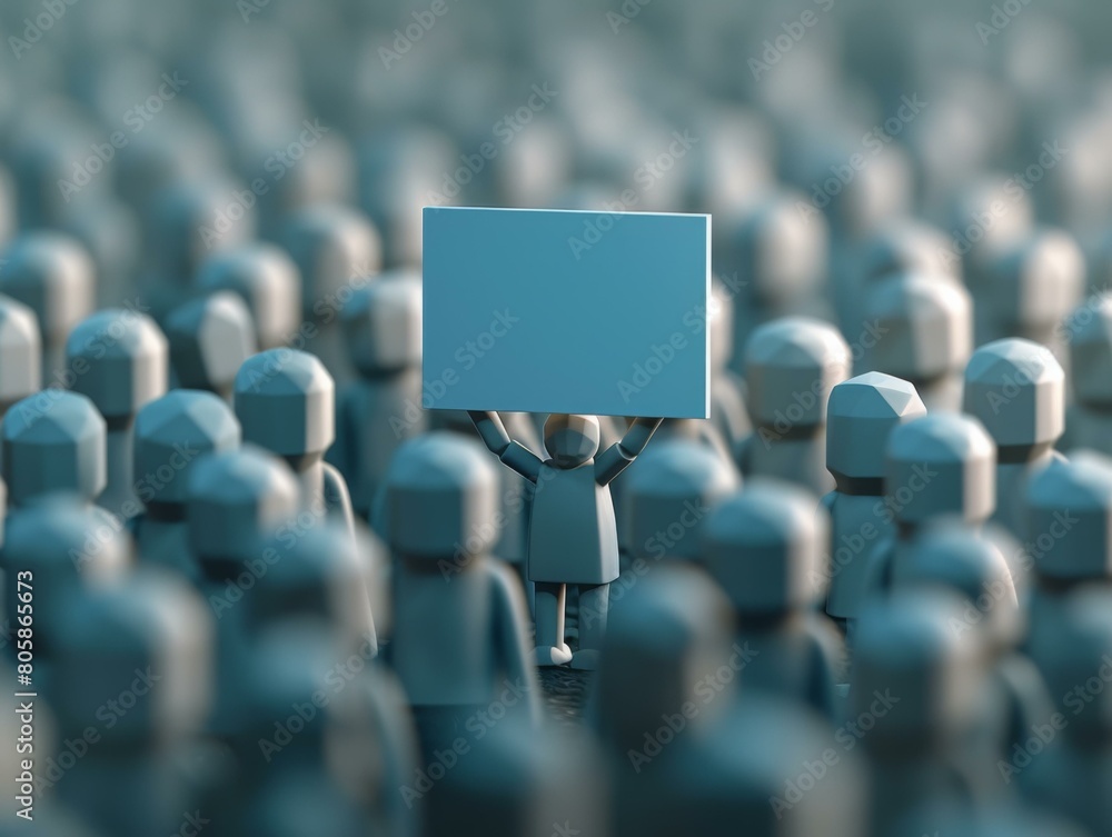 Poster a person holding up a sign in front of a crowd. generative ai.
