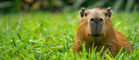 Fototapeta premium Capybara Relaxing in Lush Green Grass