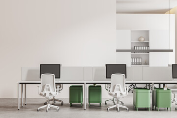 Stylish coworking interior with pc computers and shelf with folders, mockup wall