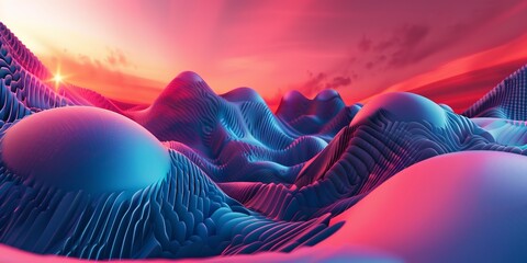 Surreal Crimson Landscape at Sunset With Abstract Geometric Forms