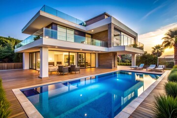 Fototapeta premium Modern house with swimming pool at dusk. Luxury villa with pool and outdoor deck AI generated