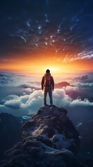 Fototapeta premium A man stands on the top of the mountain and looks at the mountains in the distance