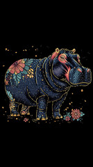 A colorful hippo with flowers on its body