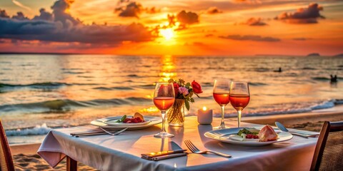 Romantic dinner on the beach at sunset. Romantic dinner on the beach at sunset AI generated