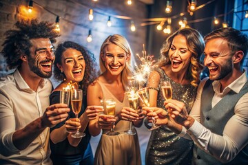 Group of friends having fun and drinking champagne at new year party. AI generated