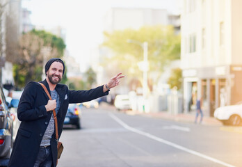 City, travel and man with hand gesture for taxi on street in Brooklyn, New York and creative...