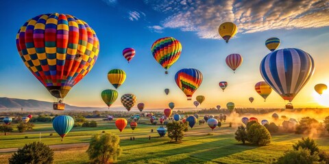 Obraz premium Colorful hot air balloons flying in the sky at sunrise, AI generated