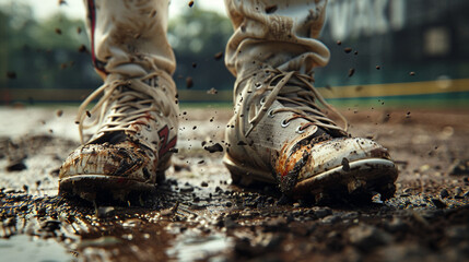 A close-up of a baseball player's cleats, dirt and grass stains visible