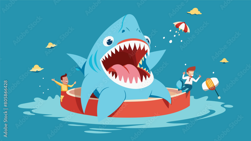 Aufkleber in a nod to the classic movie jaws a float with a giant mechanical shark features performers screami