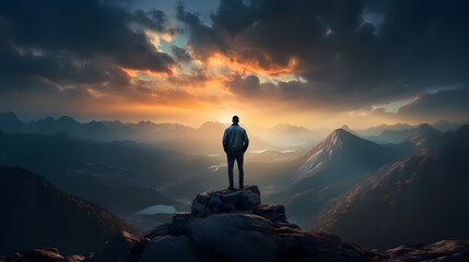 A man stands on the top of the mountain and looks at the mountains in the distance