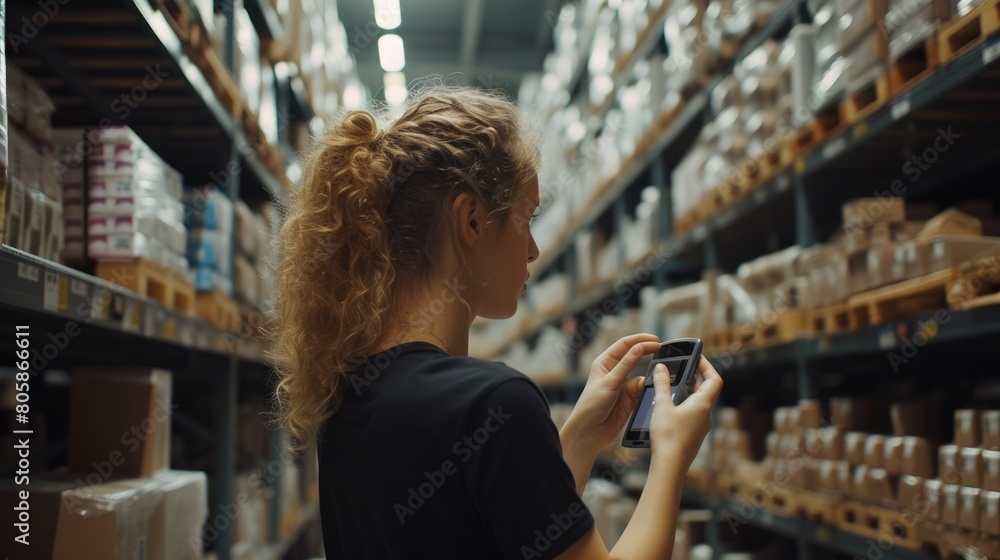 Poster professional project manager hands looking tablet while checking product at warehouse. start up smar