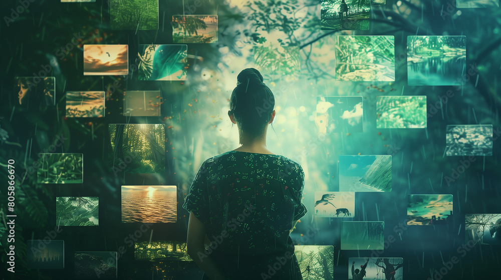 Poster digital storytelling with an image showing multimedia content weaving narratives across various digi