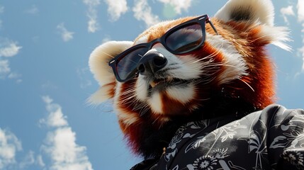 Stylish Anthro Red Panda in Fashionable Attire and Sunglasses Captured in Dynamic Low Angle Outdoor...