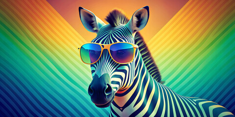 The zebra, wearing orange sunglasses, stands against a vibrant background with a spectrum of radiant colours radiating from its centre. The image shows a playful and surreal turn of wildlife.AI genera