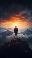 A man stands on the top of the mountain and looks at the mountains in the distance