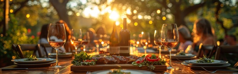 Joyful People Enjoying Outdoor Picnic with Delicious Barbecue, Salad, and Wine - Summer Vacation Concept，Backyard dinner table have a tasty grilled BBQ meat, Salads and wine with happy joyful people 