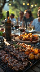 Fototapeta na wymiar Joyful People Enjoying Outdoor Picnic with Delicious Barbecue, Salad, and Wine - Summer Vacation Concept，Backyard dinner table have a tasty grilled BBQ meat, Salads and wine with happy joyful people 