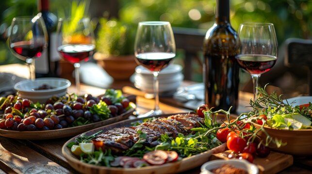 Joyful People Enjoying Outdoor Picnic with Delicious Barbecue, Salad, and Wine - Summer Vacation Concept，Backyard dinner table have a tasty grilled BBQ meat, Salads and wine with happy joyful people 