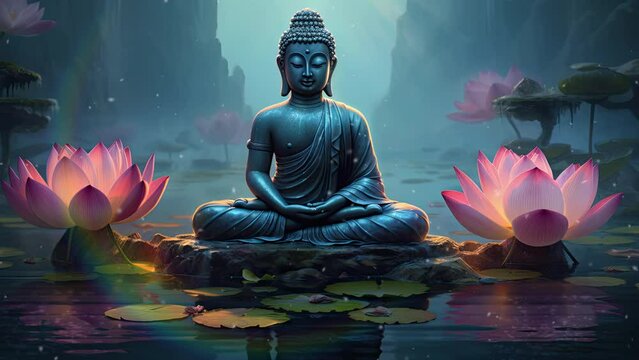Buddha statue during meditation surrounded by lotus flowers in calm water at night. Loop animation. 