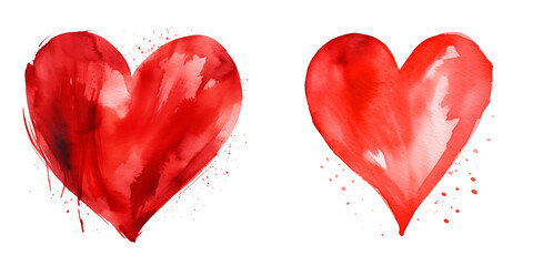 set of two cliparts heart made of red paint watercolor style on transparent background