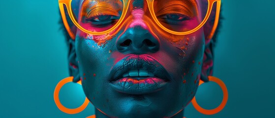 female neon face, hot pink eyes, orange neck rings, in the style of afrofuturism, poster art, depictions of urban life, dark cyan and orange, 32K