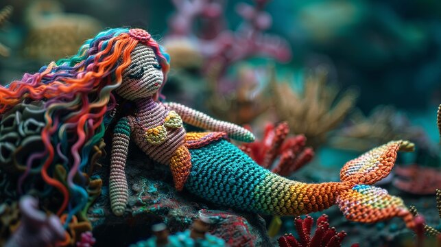 Enchanting crochet amigurumi mermaid with flowing rainbow hair, textured tail, perched on a coral rock undersea , cinematic