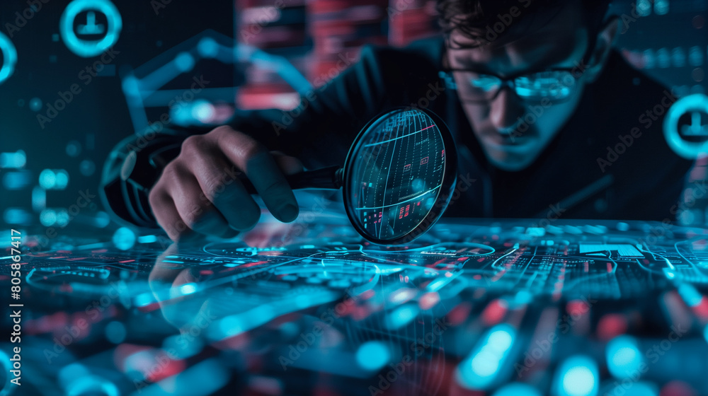 Poster digital forensics with an image showing investigators analyzing digital evidence to uncover cybercri