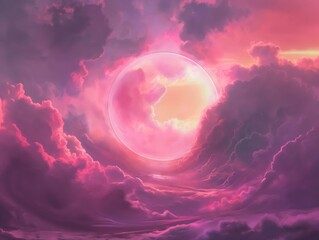 A vibrant digital artwork depicting a large pink moon surrounded by dynamic, textured clouds under a surreal pink sky.