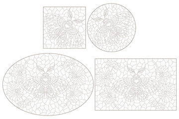 A set of contour illustrations in the style of stained glass with a cute moths, dark outlines on a white background
