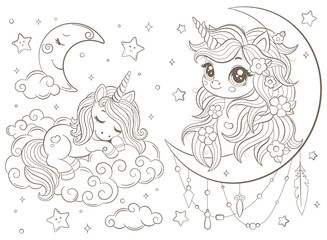 A set of contour illustrations in the style of stained glass with cute cartoon unicorns and the moon, dark outlines on a white background