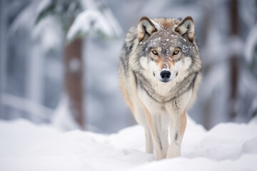 Wild wolf in a mystical winter forest