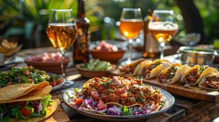 Fototapeta premium Delicious tacos, beer, mexican food, salad and wine on backyard table with happy people in background，Joyful People Enjoying Mexican Cuisine and Picnic Feast in the Backyard