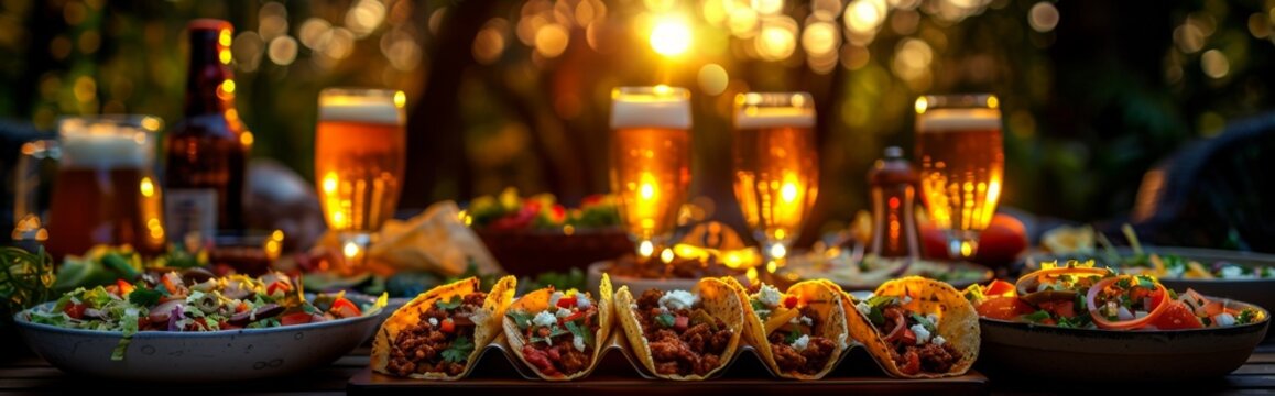 Delicious tacos, beer, mexican food, salad and wine on backyard table with happy people in background，Joyful People Enjoying Mexican Cuisine and Picnic Feast in the Backyard

