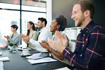 Clapping hands, presentation and business people in office boardroom for finance seminar or team building. Applause, collaboration and group of financial advisors at corporate workshop or meeting.