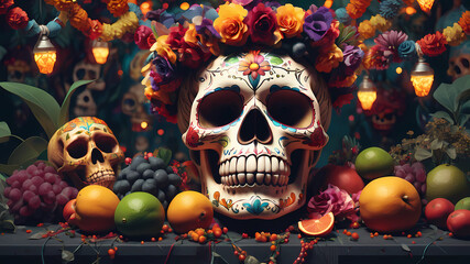 stunning still-life photo render of a Mexican Skull Calavera, surrounded by poetic ornamental...