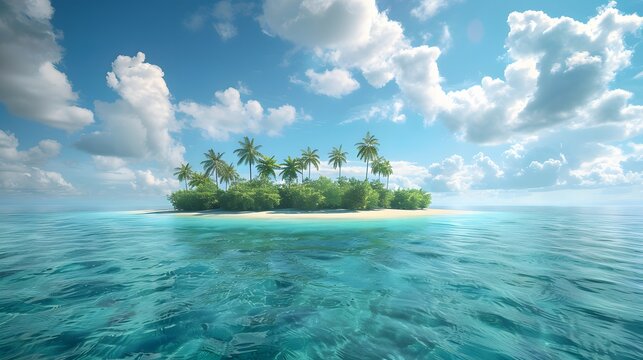 An island in the middle of ocean with blue sky and white clouds, small tropical jungle on it, small sandy beach, bright sunny day, palm trees