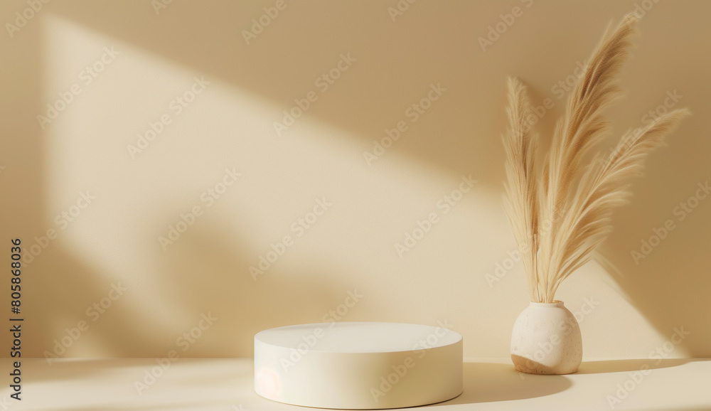 Poster a white pedestal with a vase of dried grass in front of it. the pedestal is empty and the vase is th