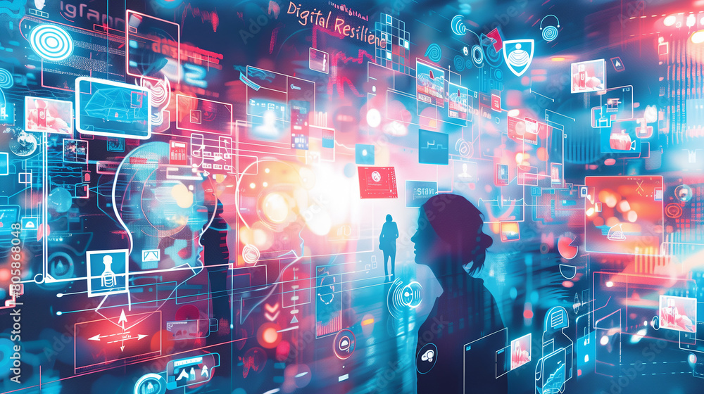 Poster digital resilience with an image showing individuals and businesses adapting and thriving in the fac