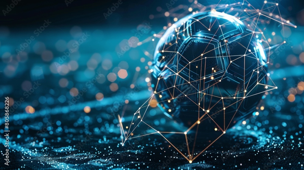 Poster futuristic background with abstract glowing digital soccer ball and ai networks