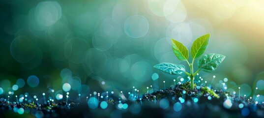 Plant growth with bokeh nature background. Nature ecology growth planting environment concept. Generative AI technology.	
