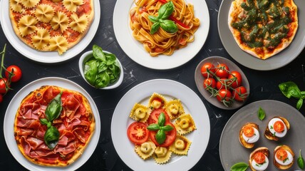 The table is full of a variety of dishes: pizza, pasta, ravioli, carpaccio, caprese salad are presented. View from above.